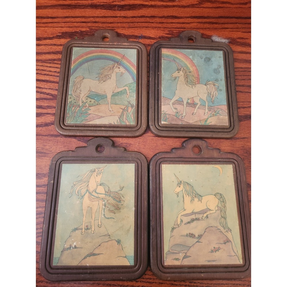 Vintage Set Of Four Unicorn Wood Plaques Fairy‎ Quirky Boho